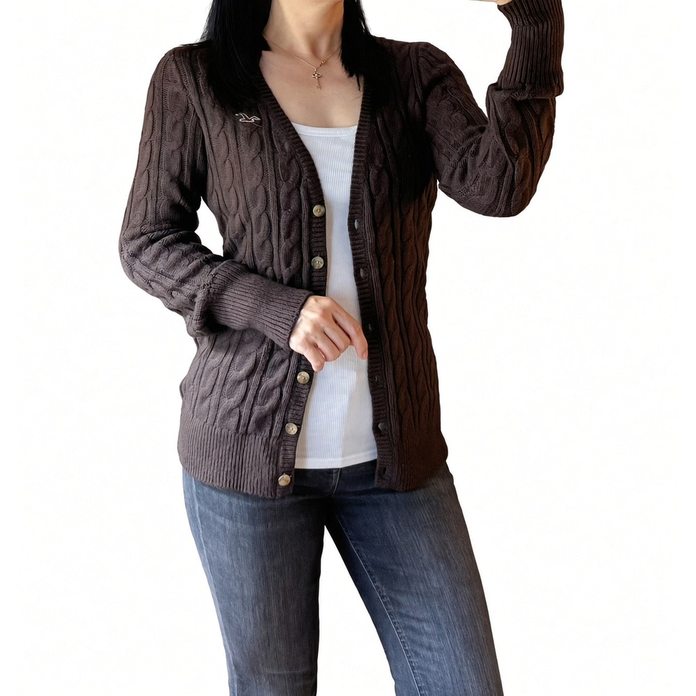 Hollister Women Cable Knit Sweater Cardigan Brown Button Front Embroidered Braid
